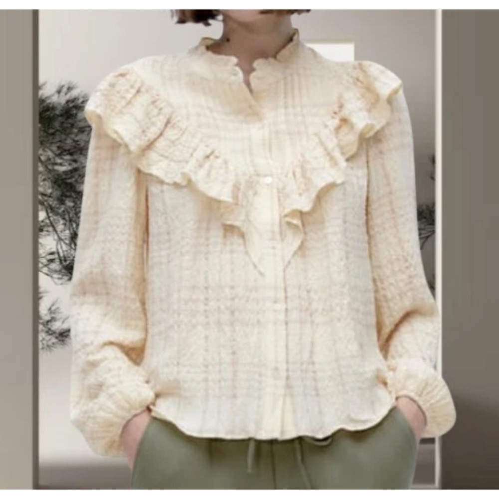 Zara Textured Plaid Shirt with Ruffle Detail Beige Tan Cream XXL